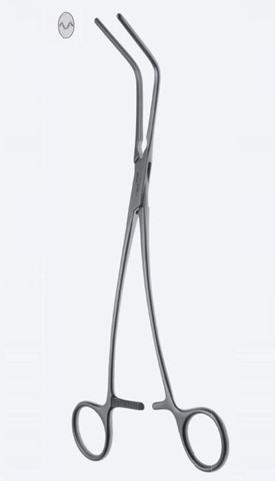 Зажими судинні, De Bakey, зубці De Bakey, з вигнутою ручкою, вигнуті на 60°, з кремальєрою, довж 210 мм. Бренд - Asanus Medizintechnik Gmb, Німеччина